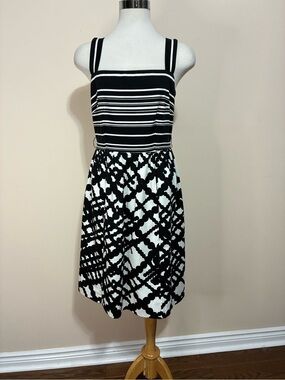 David Meister Black and White Striped & Graphic Midi Dress